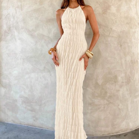 Veloura Dresses & Skirts - Veloura Halter Maxi Dress Apricot Backless Pleated Elegant Bodycon